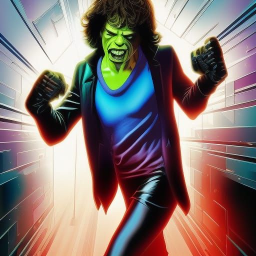mick jagger ist hulk und schreit im cyberpunkstyle