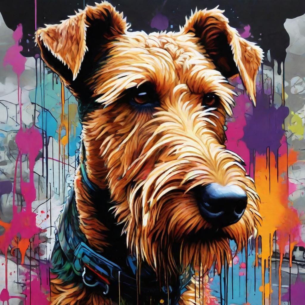 Portrait of Airedale Terrier graffiti art, splash art, stree...