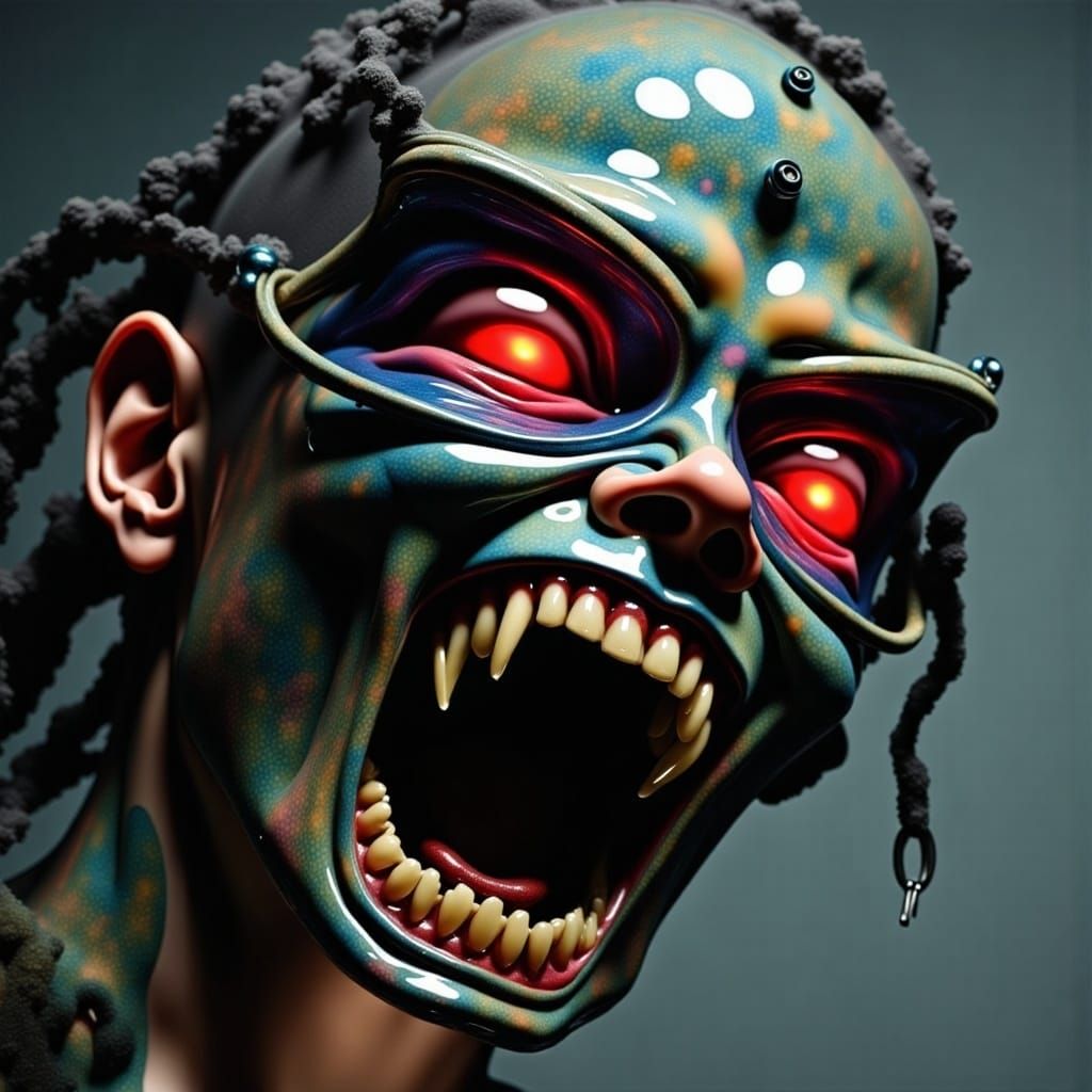 <lora:liquid:3.0> Partial-hiding chrome-Mask, intricate glitch art,  velvet-red bulging glowing x-eyes behind imperial glasses:: chains infr...