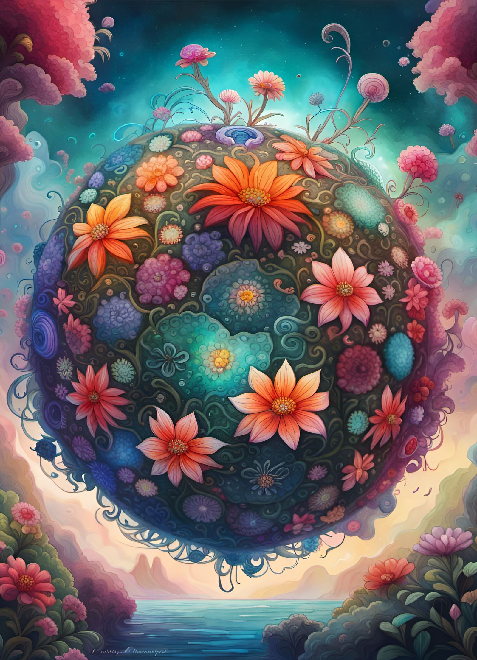 Surreal Flower in Bohemian Sphere, Watercolor Painting