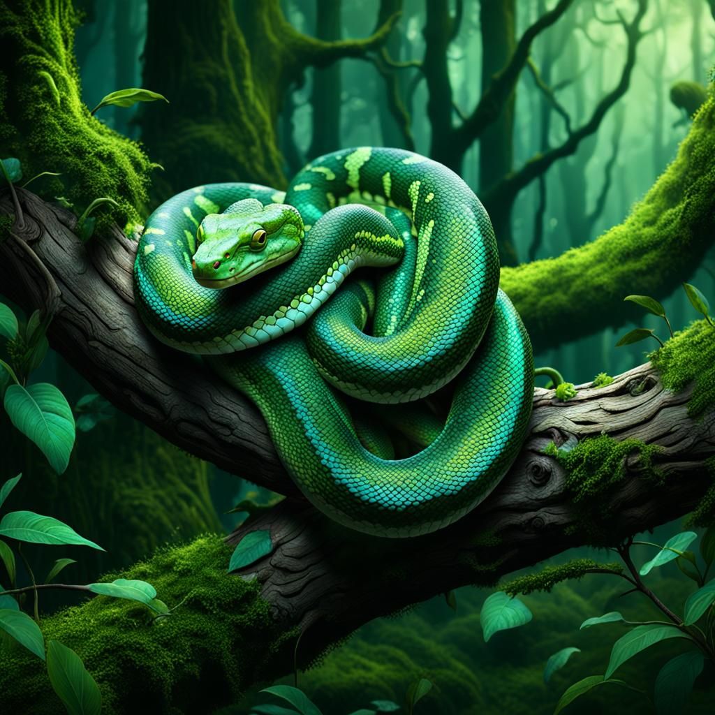 Green tree python in the mystical jungle  by @Morgaine