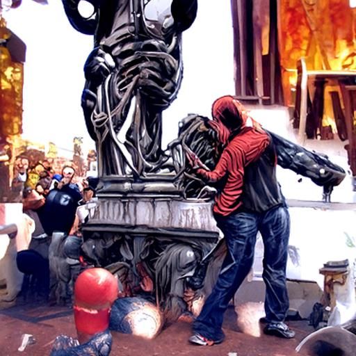People tearing down a statue