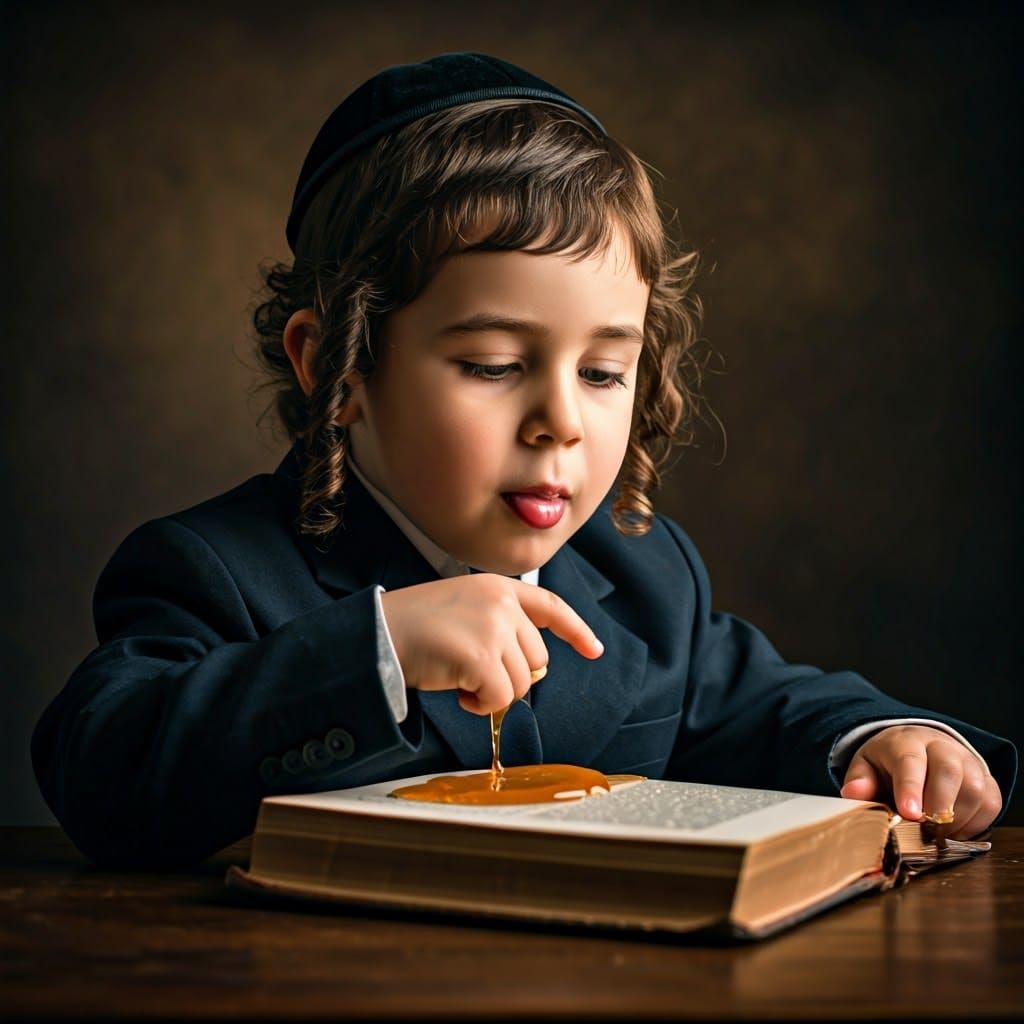 Hasidic Boy and Honeyed Book in Golden Light