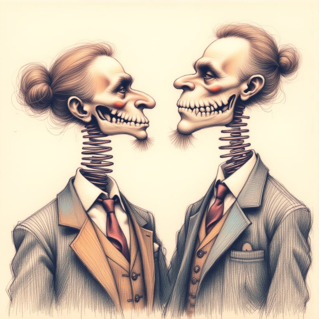<lora:province:1.0> two gentlemen with stretched springs instead of necks. Humorous oil crayon sketch