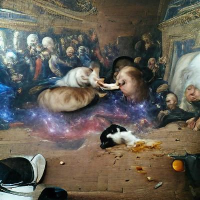 Cat eating space renaissance painting