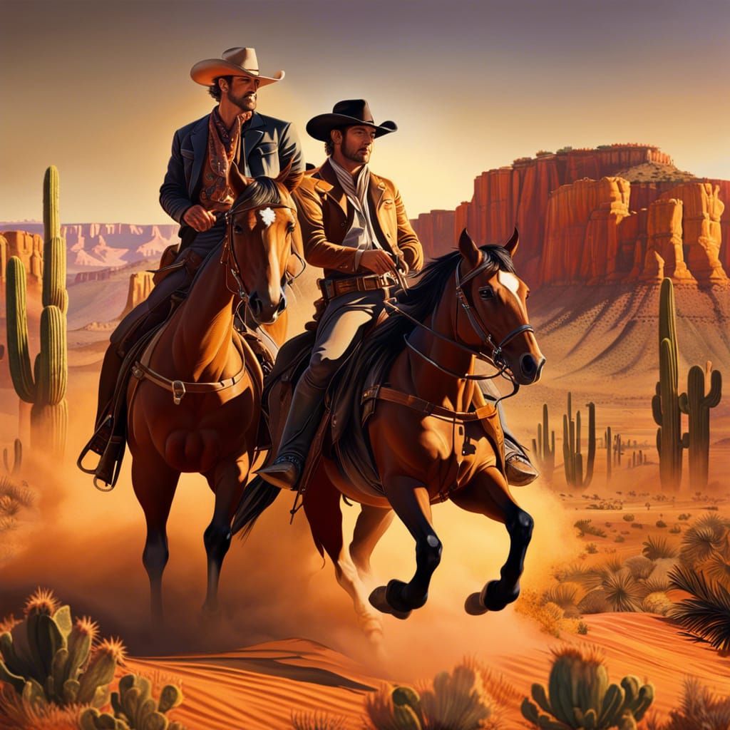 Cowboys in the desert at Sunset - AI Generated Artwork - NightCafe Creator