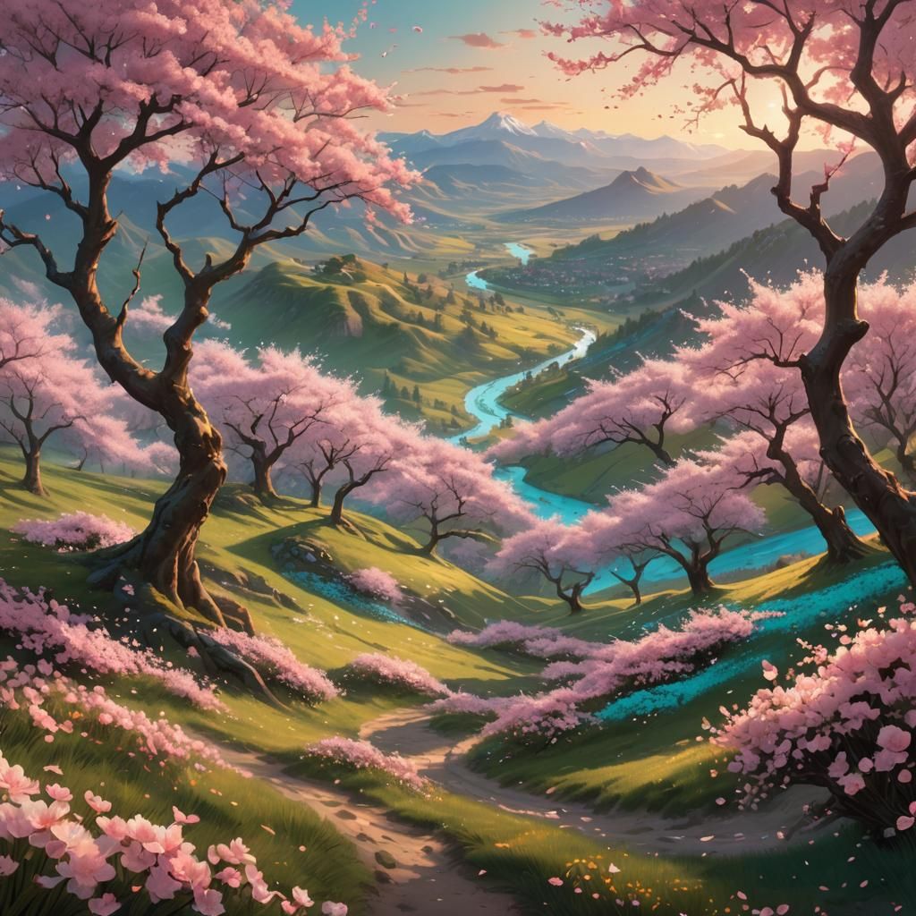 Cherry Blossom Valley. AI Generated Artwork NightCafe Creator