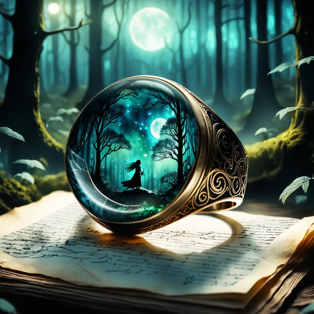 Elven resin ring, with delicate Gaussian electromagnetism luminescent glow, positioned in the center ...  by @Charlotte kitty