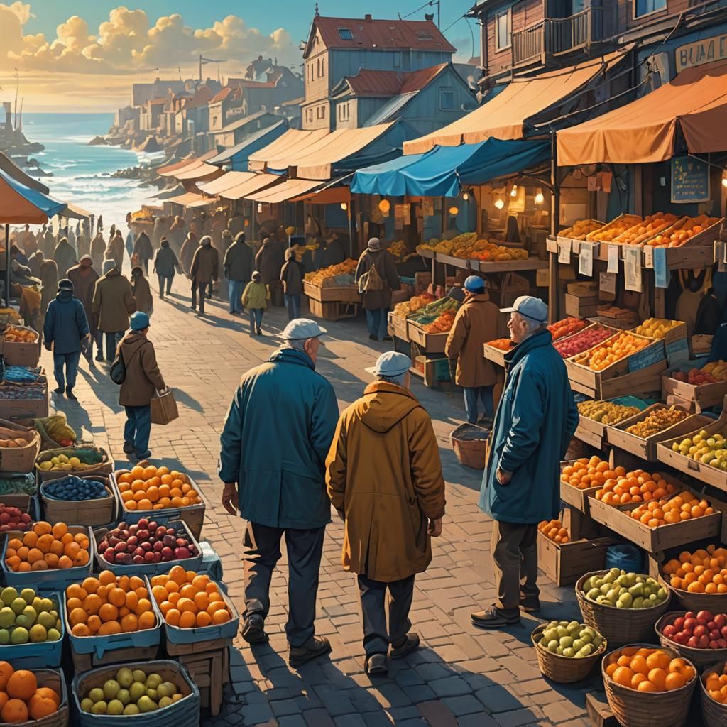 Seaside Market Scene in Fantasy Art Style