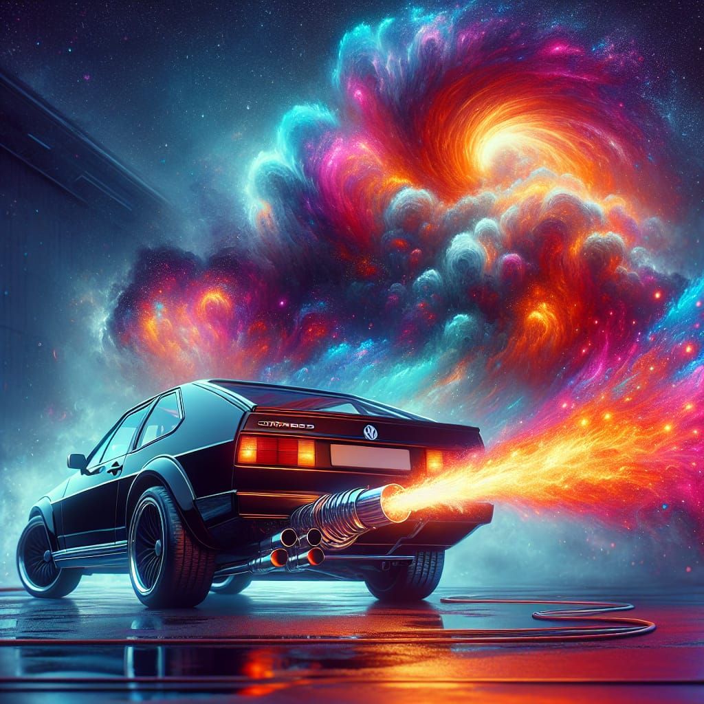 A black Volkswagen corrado shooting fire out of the exhaust