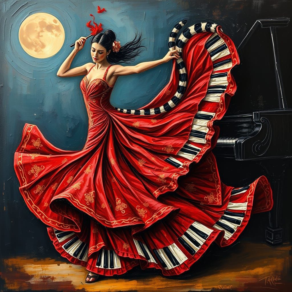 A mesmerizing impasto oil painting of a flamenco dancer, her dress seamlessly fusing with the black-and-white ...  by @Frank