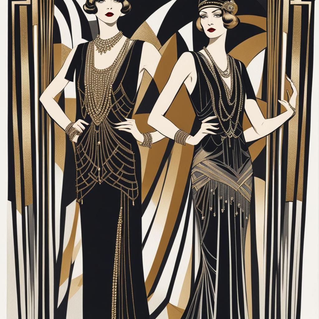 16k resolution, Art Deco fashion illustration, 1920s flapper style ...