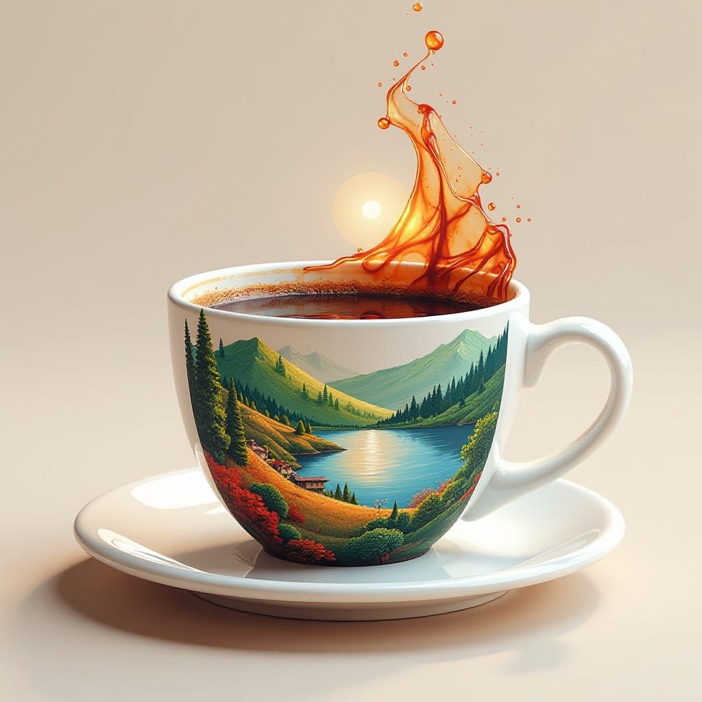 a vibrant landscape, skillfully rendered on a coffee cup