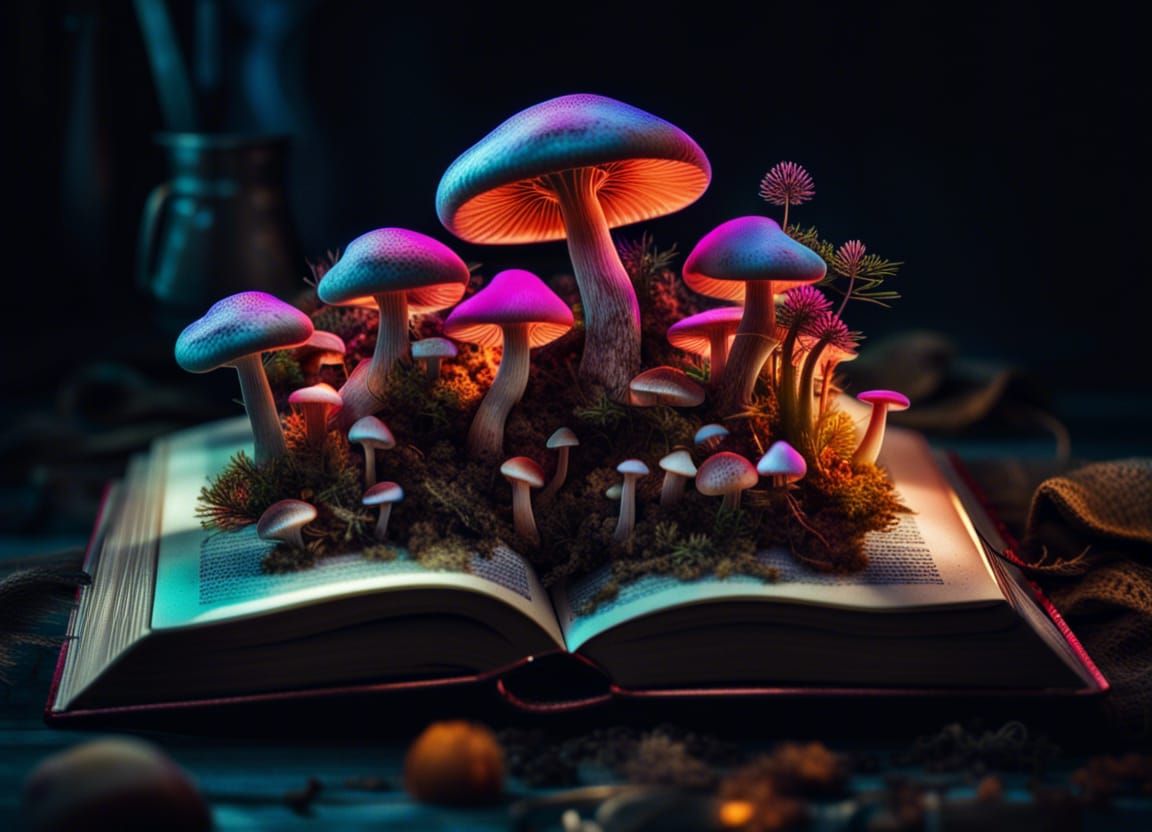 Mushrooms growing out of a book. - AI Generated Artwork - NightCafe Creator