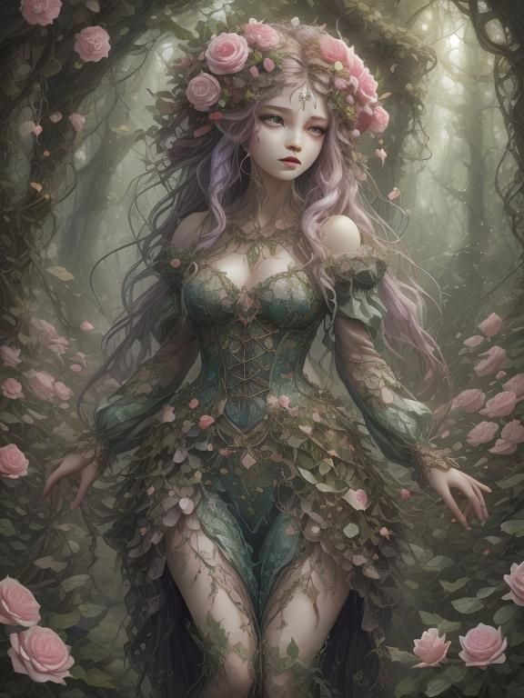<lora:Faetalmora:1.0> Vibrant fantasy illustration. Close-up portrait. A rainbow-clad woman stands amidst a lush, vibrant forest, surrounded...