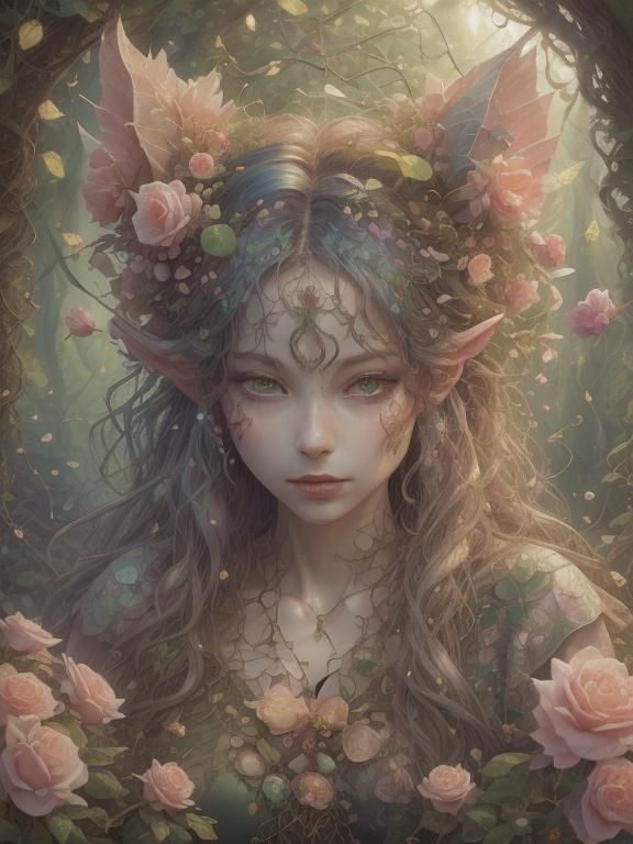 <lora:Faetalmora:1.0> Vibrant fantasy illustration. Close-up portrait. A rainbow-clad woman stands amidst a lush, vibrant forest, surrounded...