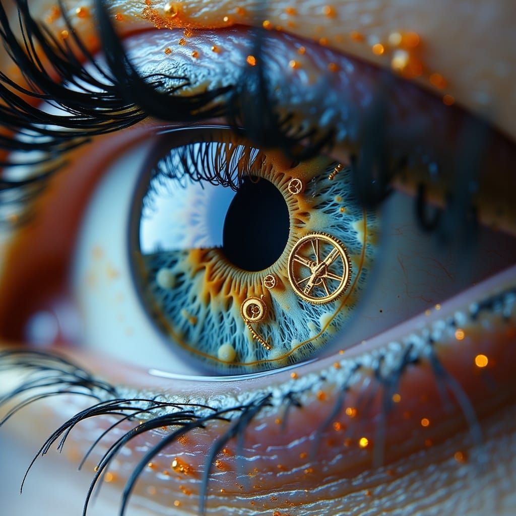 <lora:MJ6 EyeFlux:1.0> Timepiece Eyelids: Clockwork gears and intricate mechanisms embedded within the eyelids of a time-seeing eye, ticking...