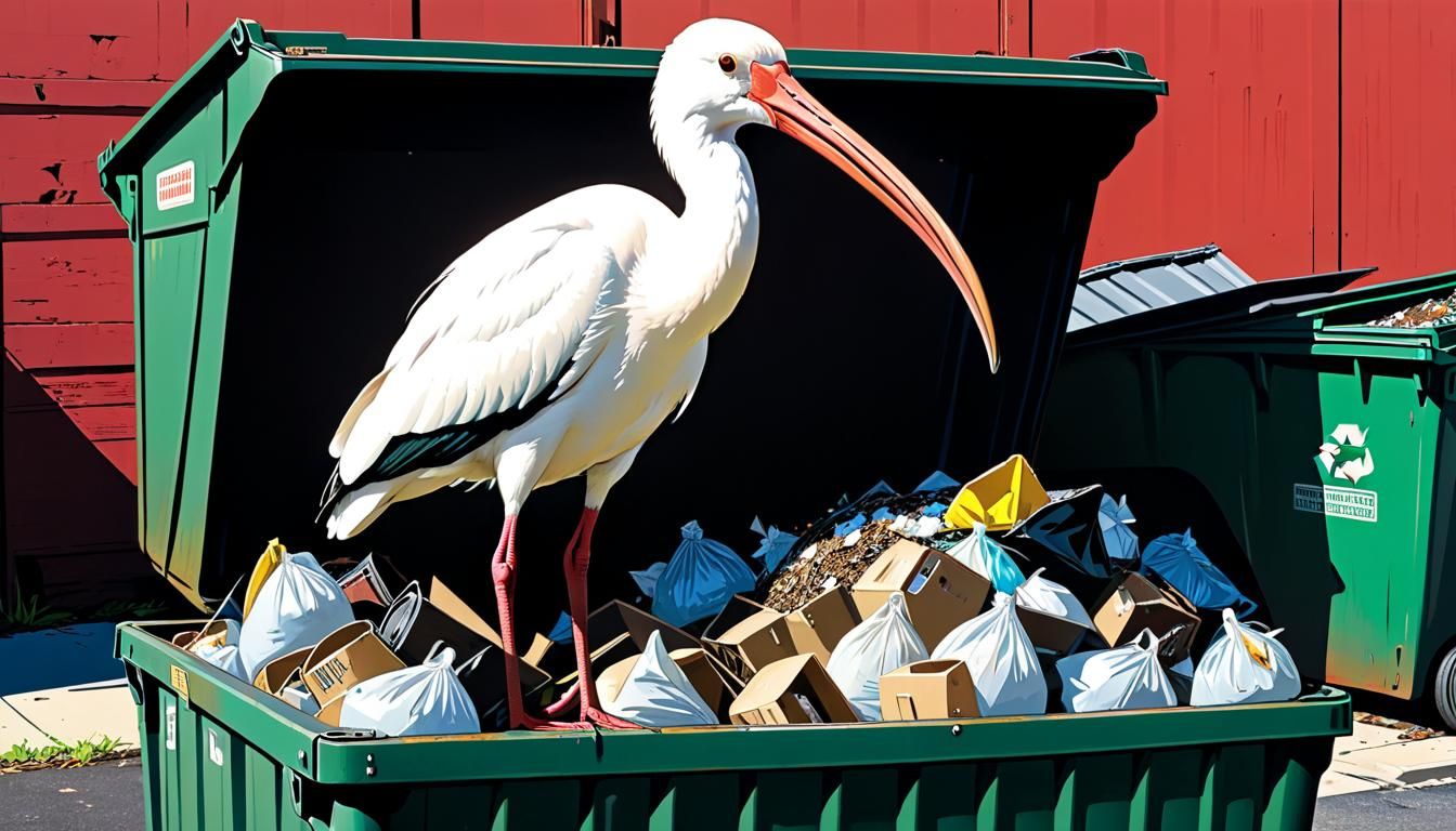 white ibis "bin chicken" perched on the edge dumpster eating...