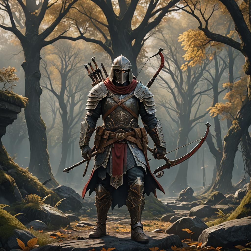 A larger hunter warrior with cross bow and two handed sword