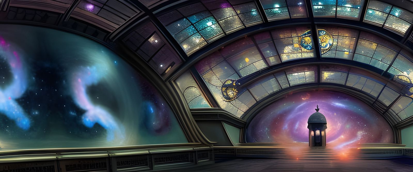 Eternal Clockhouse Atrium Hall with sparkling stars, and gal...