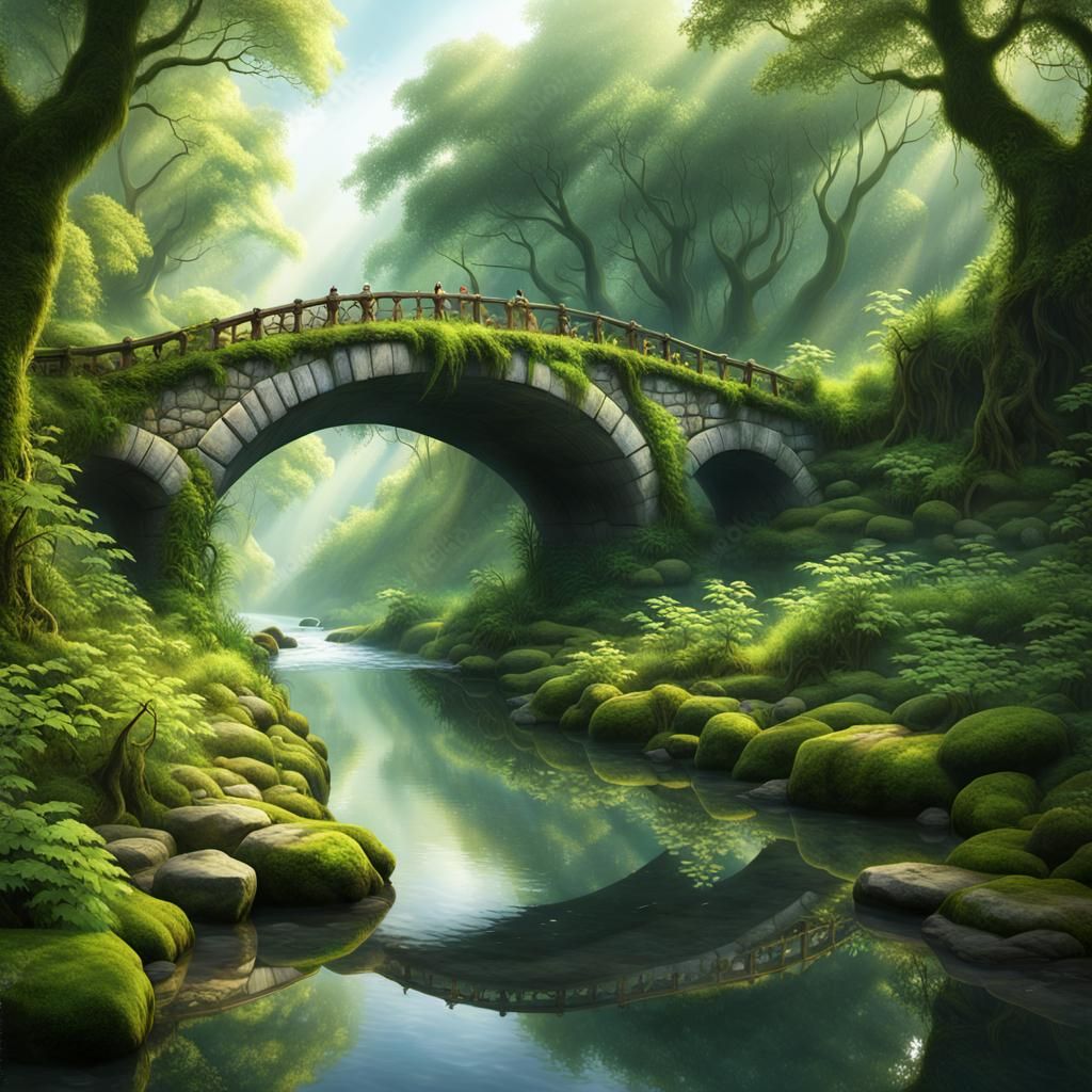 Imperfect Ancient stone bridge arching over a tranquil river
