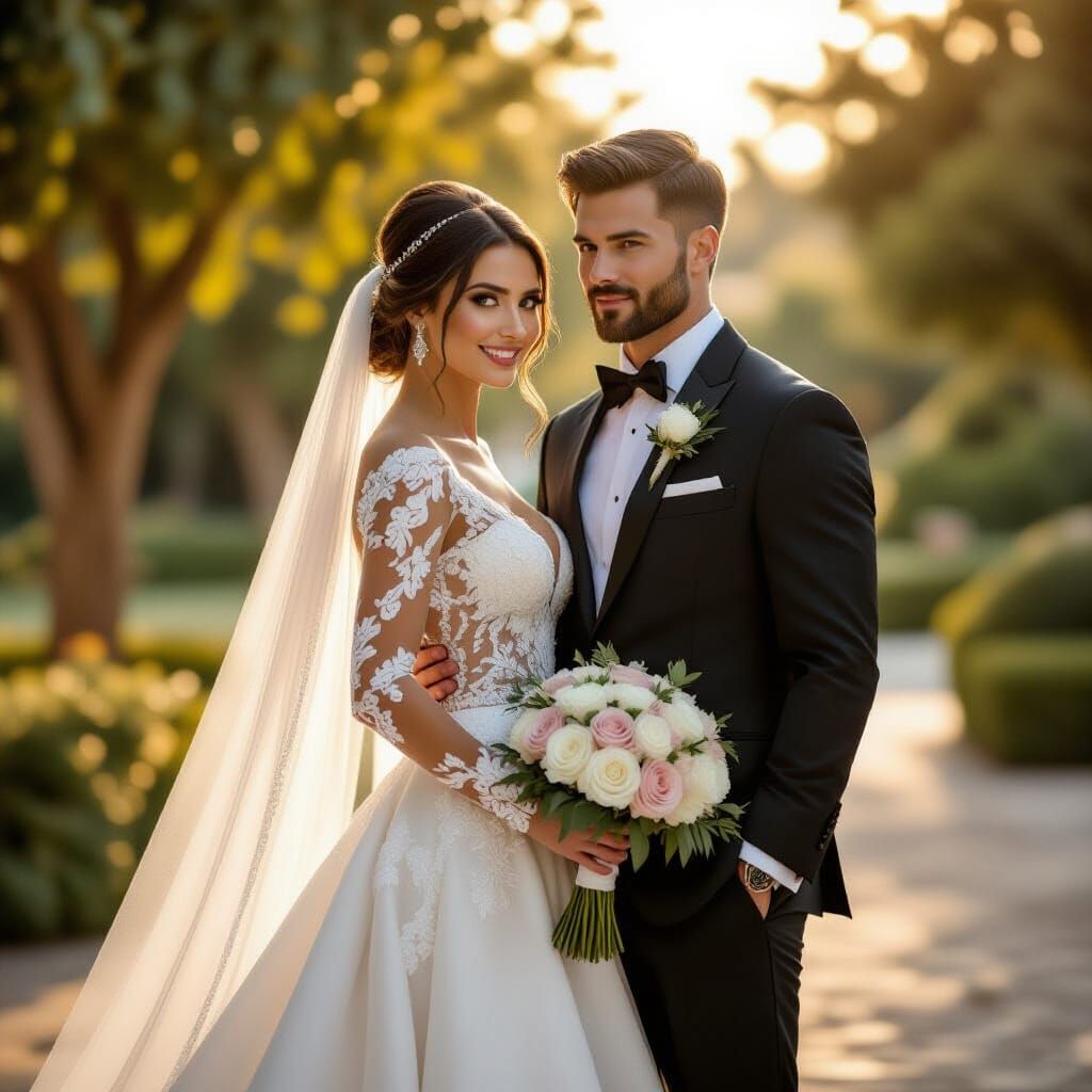 Elegant Bride and Groom in Romantic Outdoor Setting