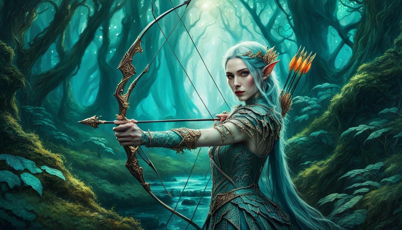 Art by Bella Kotak: Intricate gorgeous detailed Elf holding a bow and arrow, fantasy magical illuminated ...  by @AsfK