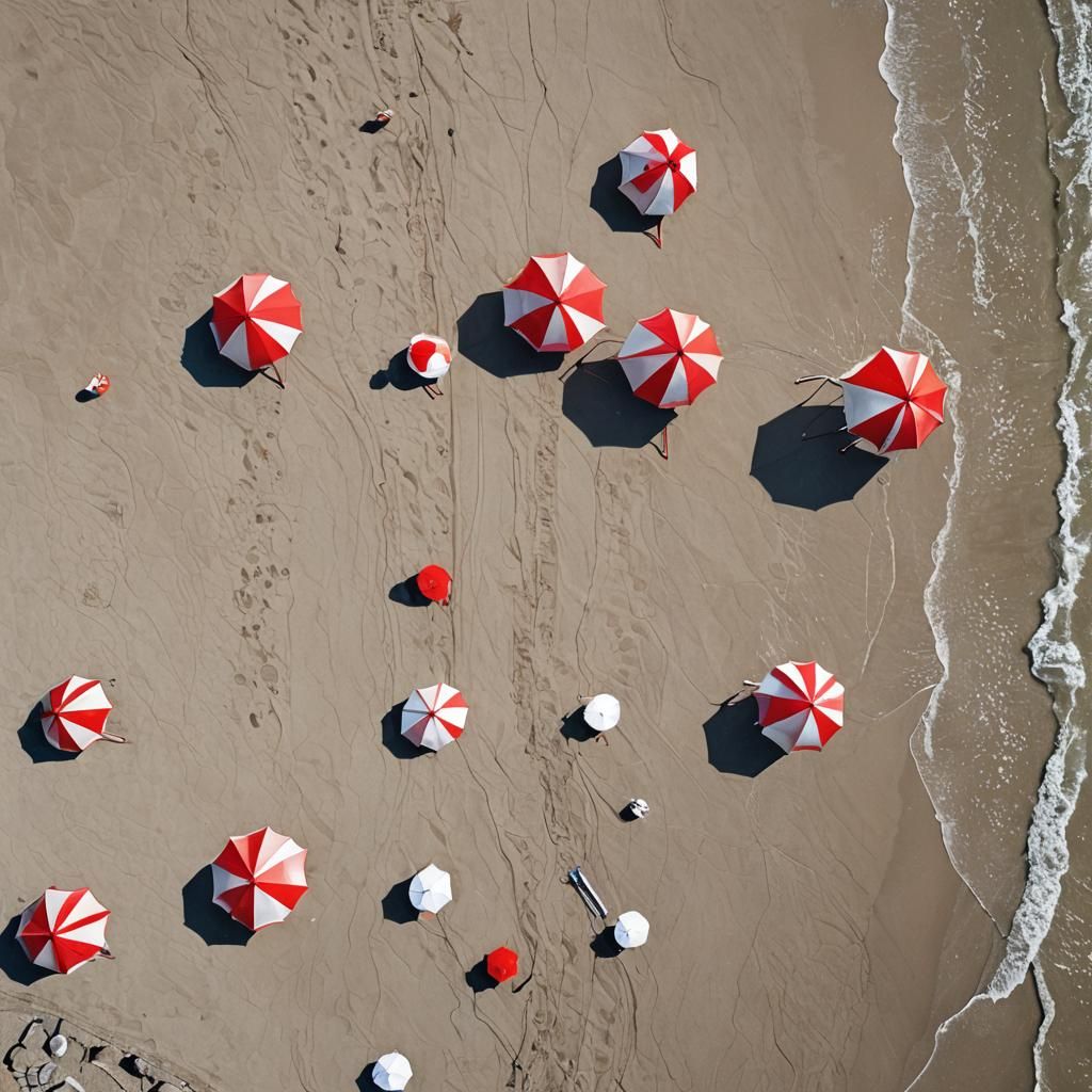 side view, stripped white and red umbrellas by the ocean
