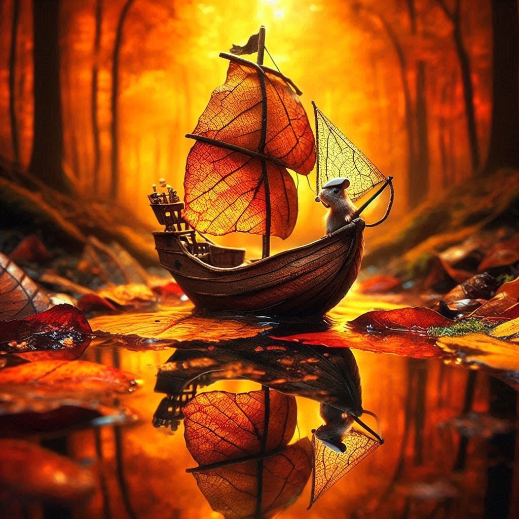 🍁🌊🍃🐭🧭🛥️🌳 sailing in an autumn forest
