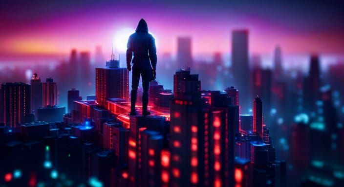neon cityscape, depth-of-field close-up portrait, ninja with...