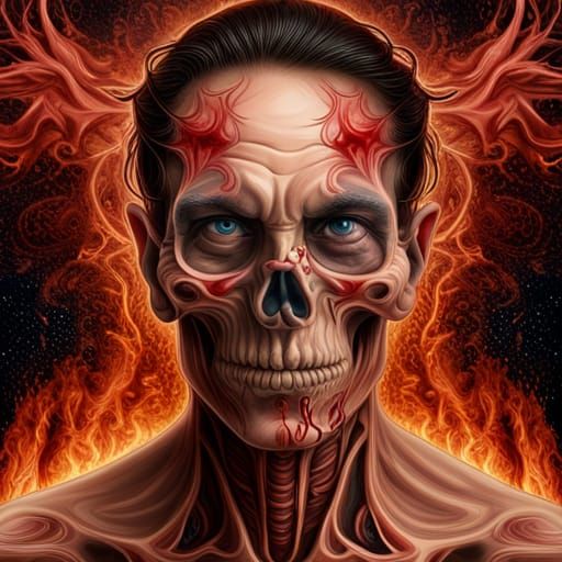 demonic skull hyper realistic with rose thorns dripping in b...