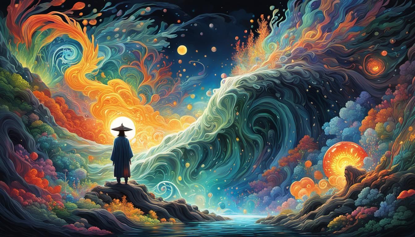 shaman healer, offering to the elemental spirits, oil gouach...