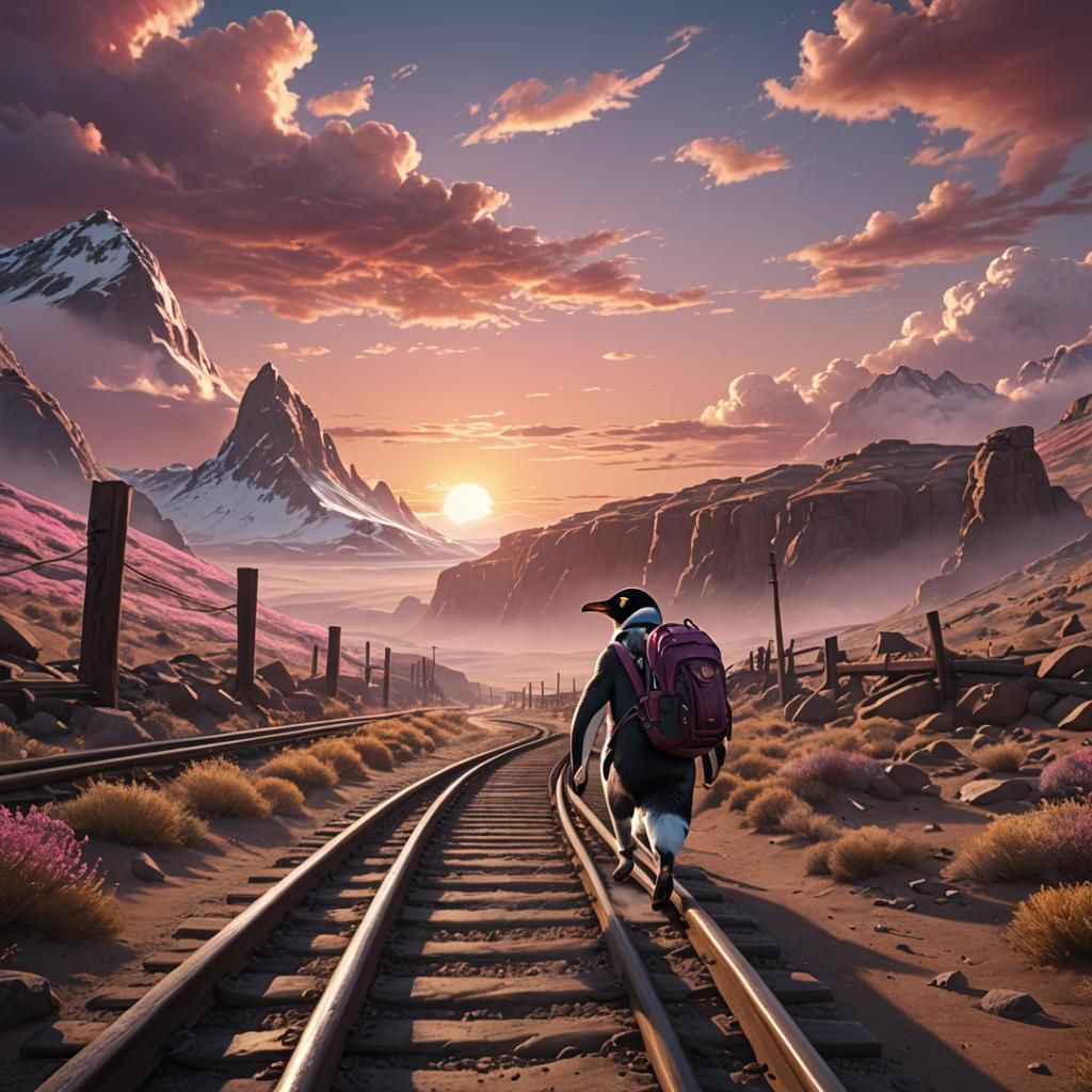 a penguin runs along the rails with a backpack on his back, ...