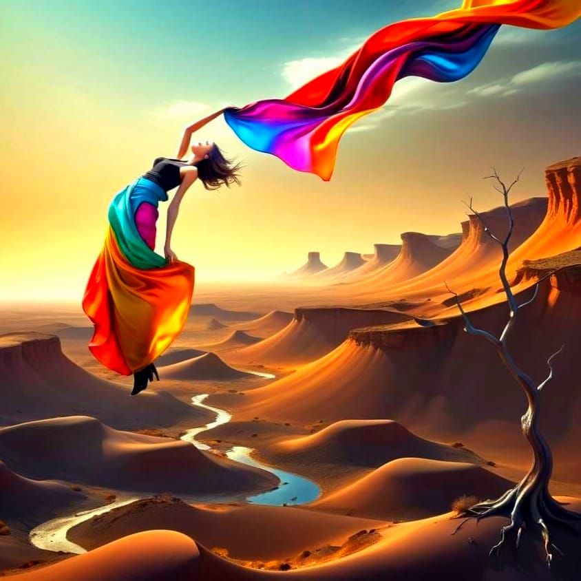 Woman in Dreamlike Levitation Above Vibrant Triadic Landscap...