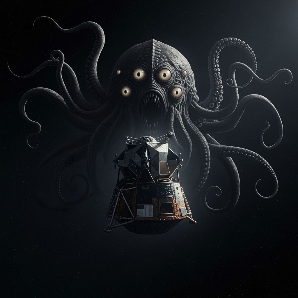 An eldritch horror floating in outer space with an Apollo moon capsule in front and slightly to the side of it.