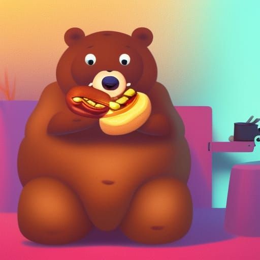 Big Fat looking Bear  eating a Hot Dog in a Ed Roth art styl...