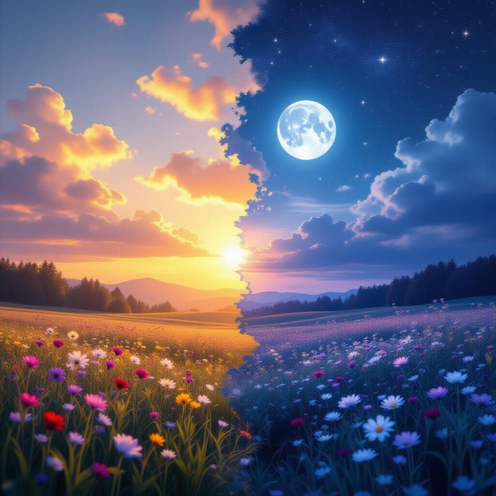 A surreal split image with a dreamlike atmosphere. The left half shows a magical sunrise landscape with ...  by @Simos Chiras