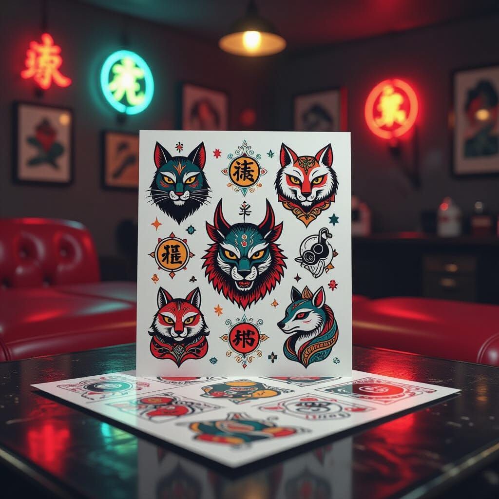 A detailed sheet of instant tattoos with crisp black and colorful ink illustrations of Chinese zodiac ...  by @Hugo Raul