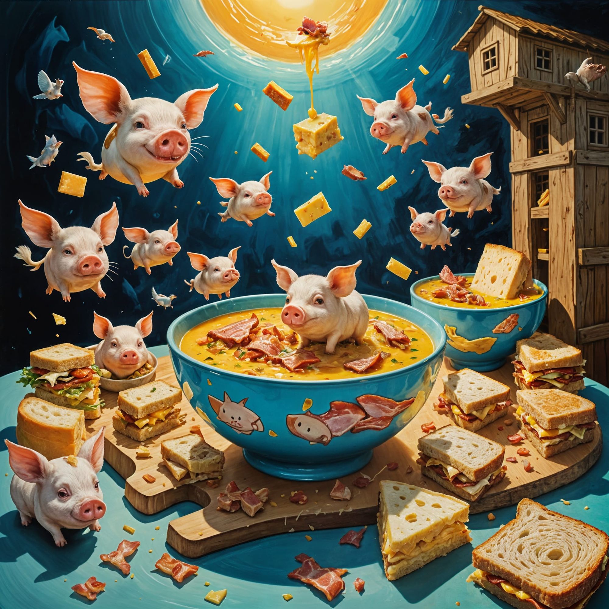 BLUE Bowl of yellowISH soup with Flying pigs, bacon, cheese, and sandwiches coming out of soup bowl