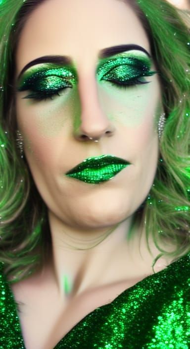 Gaia in glittering green eye shadow & glittering green dress