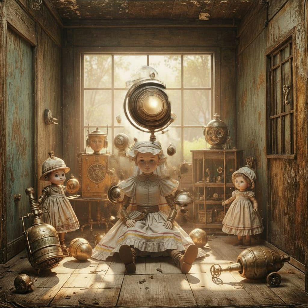 <lora:Steampunk World:1.0> <lora:Cute Pop Surreal:1.0> <lora:Marionette-Flux:1.0> <lora:LuxeVisionsFlux:1.0> In a childs nursery there are a...