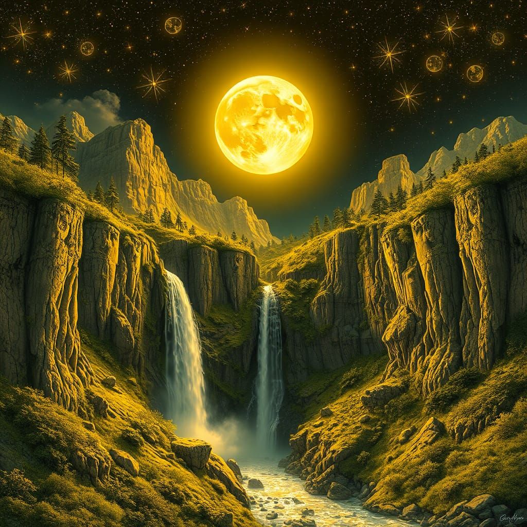 Landscape with waterfall & full moon  by @BJ-art