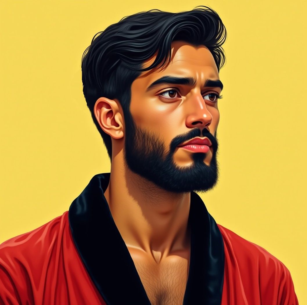 A serious man with   black    hair and beard wearing a      ...