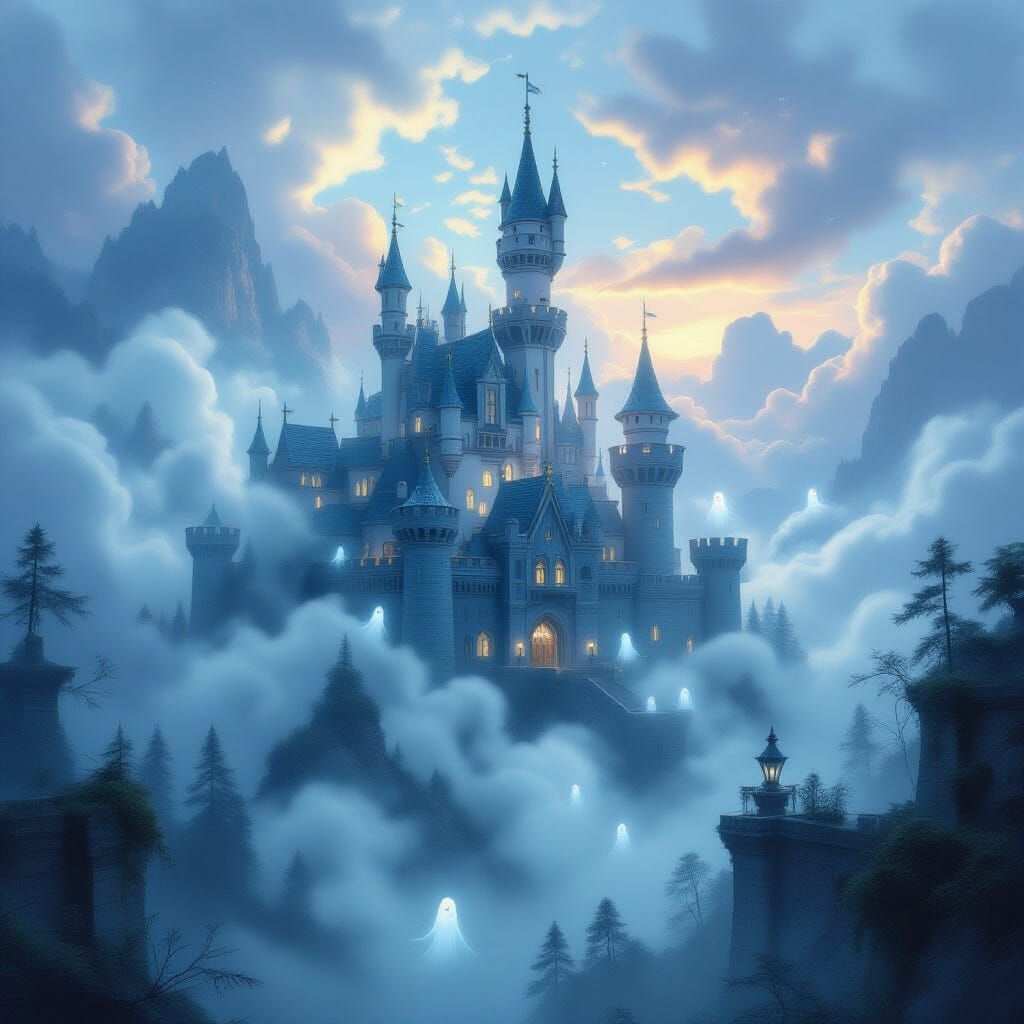 Mysterious Castle with Ghostly Spirits in Fantasy Style
