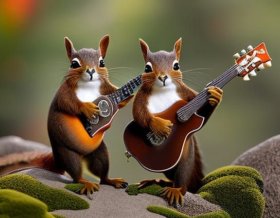 Two cute little charm photorealistic Squirrels with big happ...