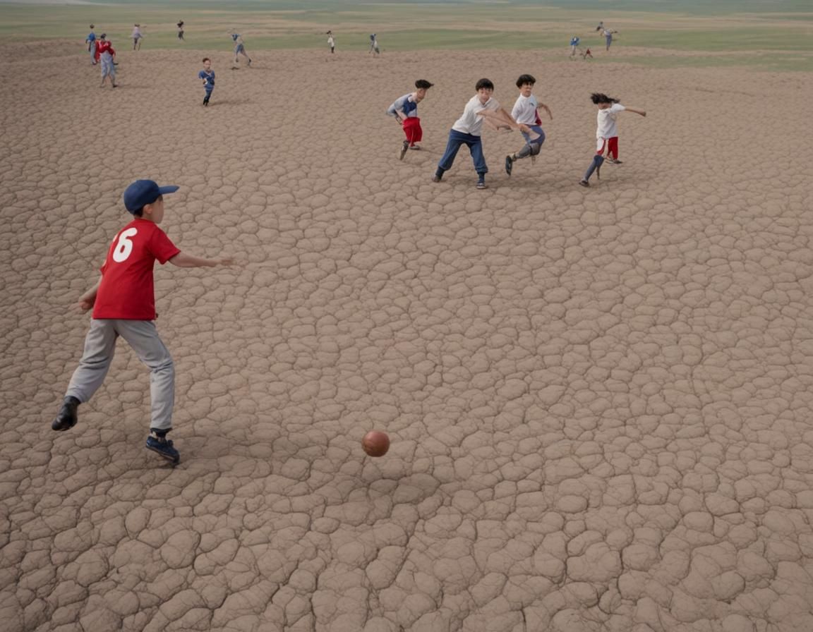 Children playing a game of baseball in a rough field, in the...