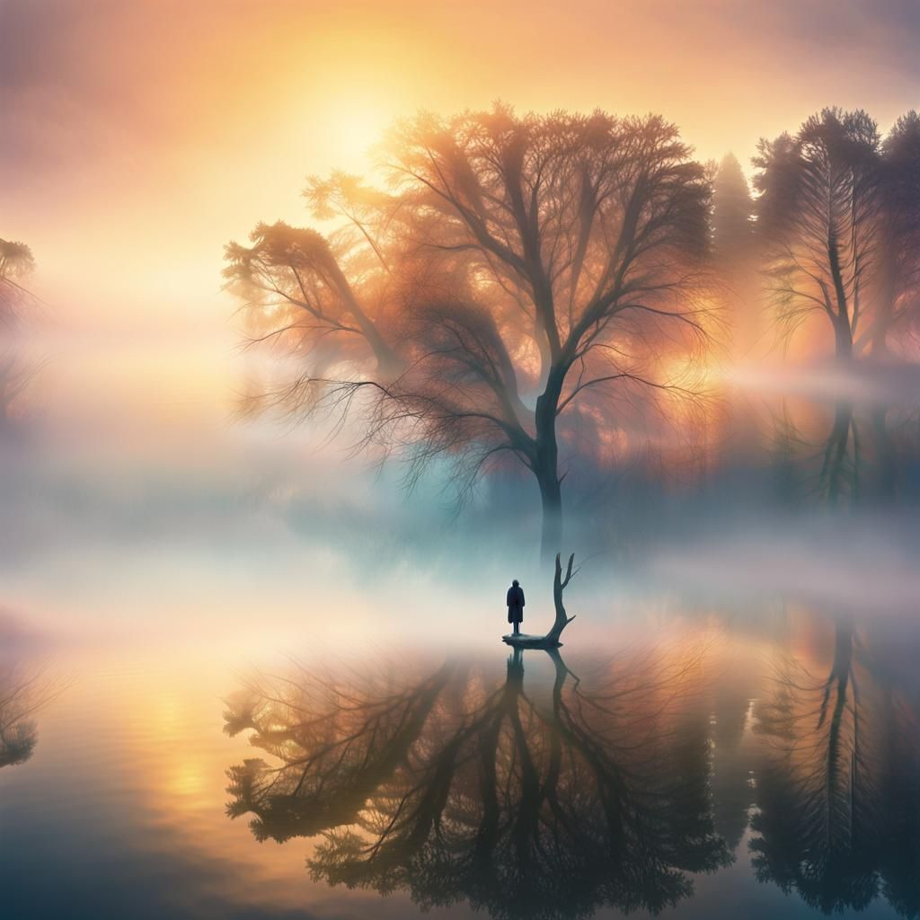 Dreamlike Surrealist Landscape with Glowing Trees