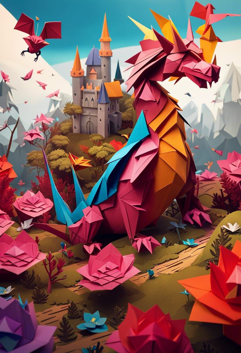 Dragon in flower garden with castle background  by @Dreamstar