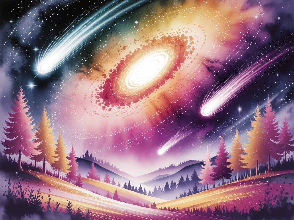 Breathtaking starry sky with swirling cosmic nebulae in sparkling colors and passing comets past over a wondrous fairytale realm. Intricate ...