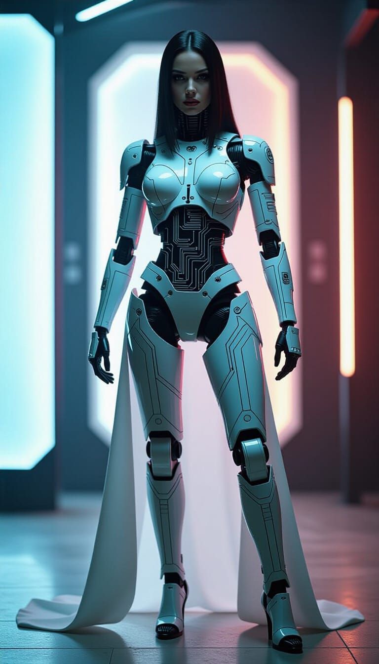 Beautiful female android assassin, printed circuitboard patterns adorn her skin, manequin-like segmented body parts, Cinematic film still, s...